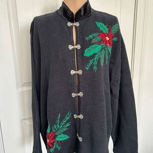 Crystal- Kobe Black Ugly Christmas Poinsettia Beads Sequin Cardigan Sweater SzXL